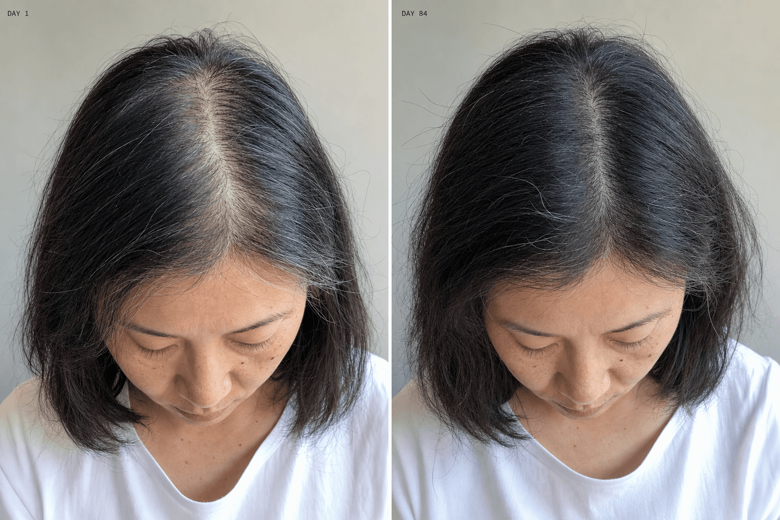 Day 1 versus Day 84 scalp comparison for Mei-Lin, age 47